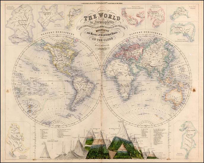 Antyczne mapy swiata - The World in Hemispheres with Comparative Views ... Basins of the Principal Rivers on the Globe1849.jpg